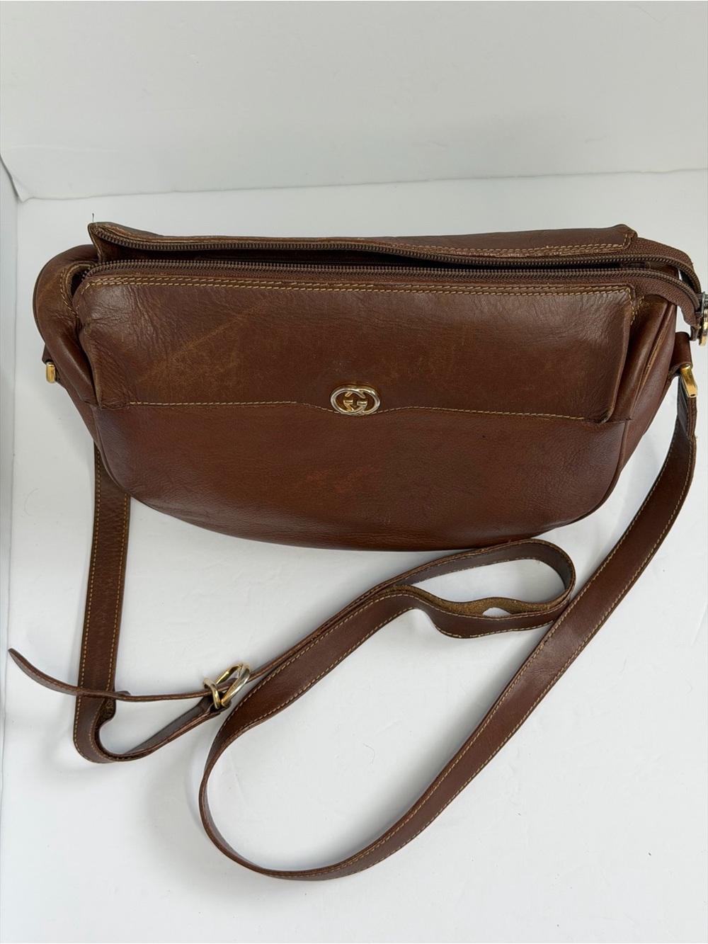 Authentic Gucci Crossbody Bag Brown chestnut Leather Shoulder Bag GG - Fair poor - Picture 8 of 16